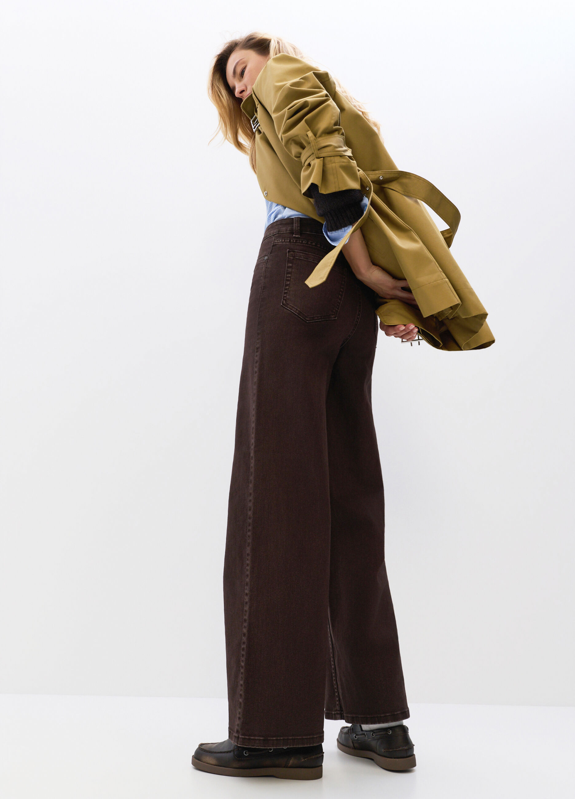 Pantaloni Wide Leg in denim di cotone stretch donna_3