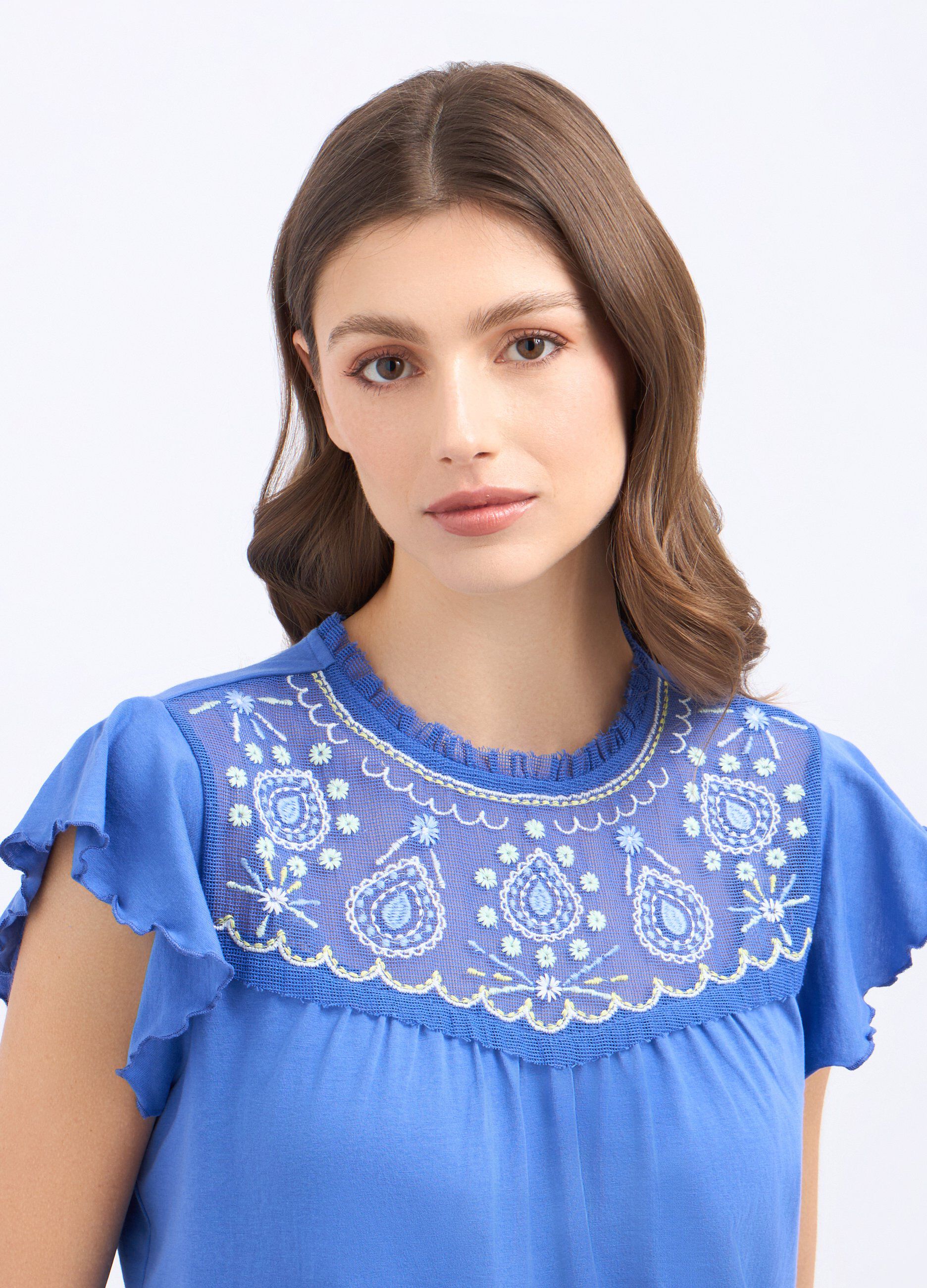 T-shirt con inserto ricamato in puro cotone donna