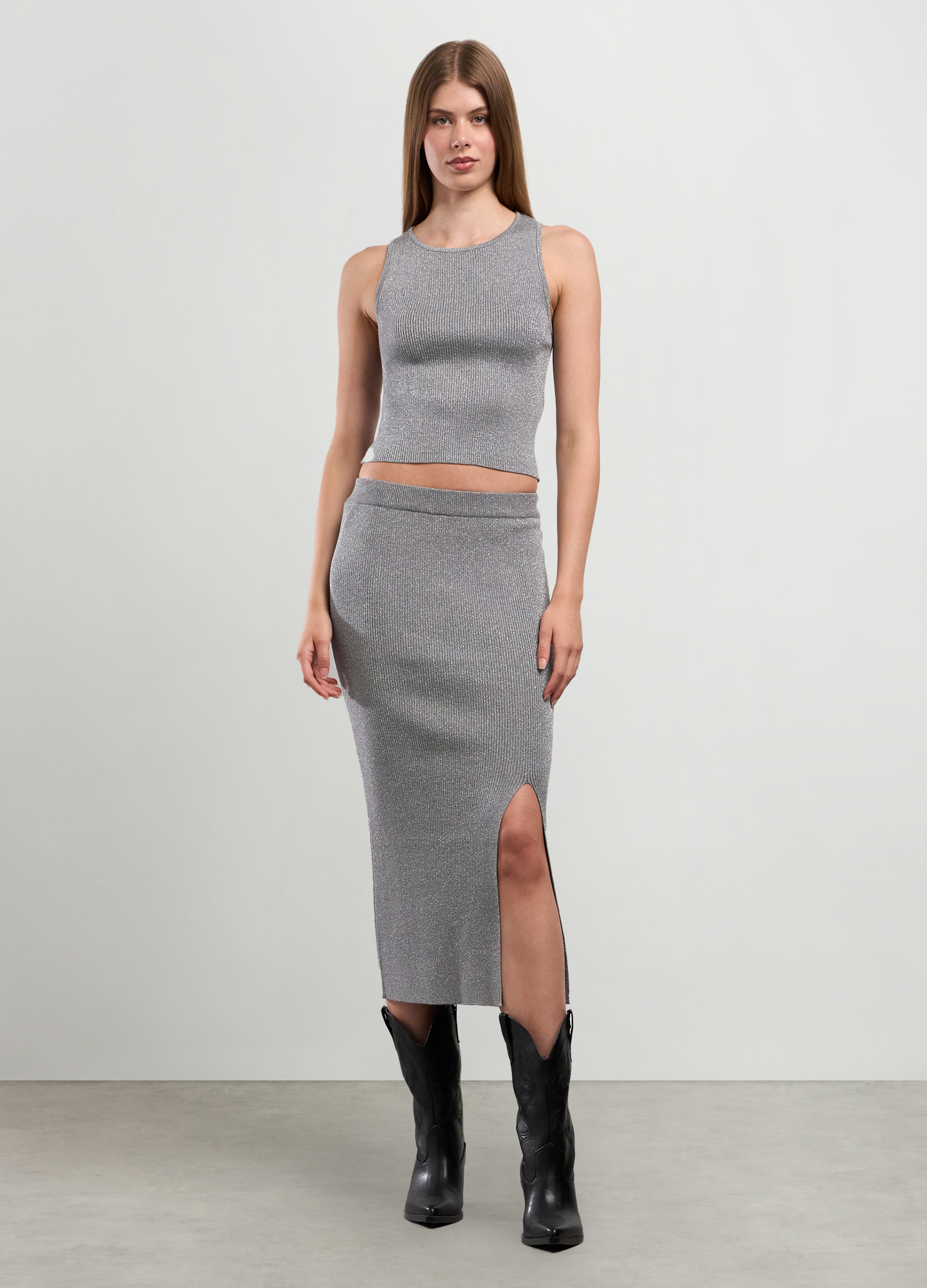 Image of Upim, Longuette In Costina Di Misto Viscosa E Filo Lurex Donna, Grigio chiaro, Taglia: M