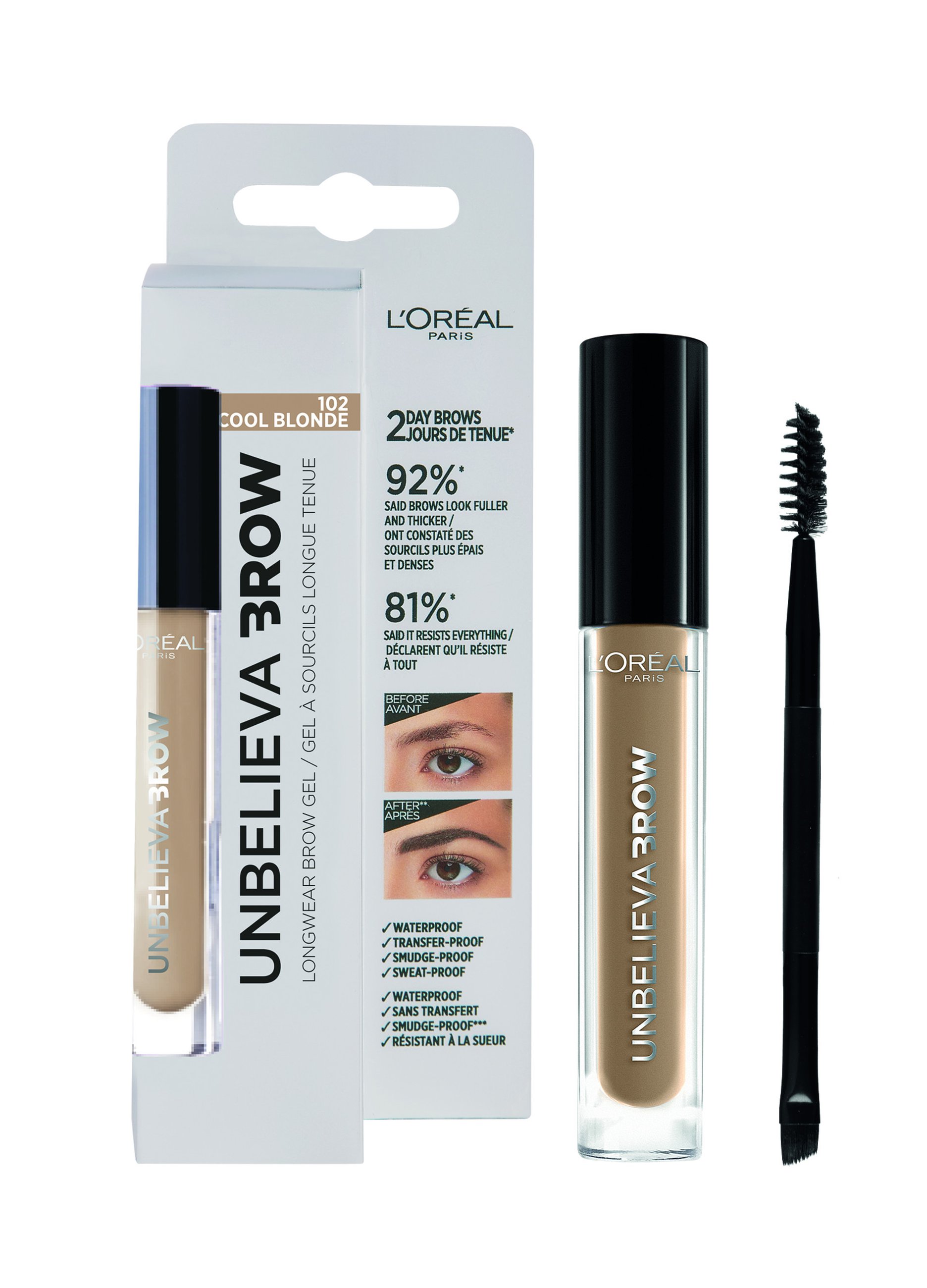 Loreal L'OREAL, L'oréal Paris Unbelievabrow, Gel Per Sopracciglia A Lunga Tenuta Waterproof, Colore: Cool Blonde (102), 3,4 Ml., Donna, Marrone chiaro