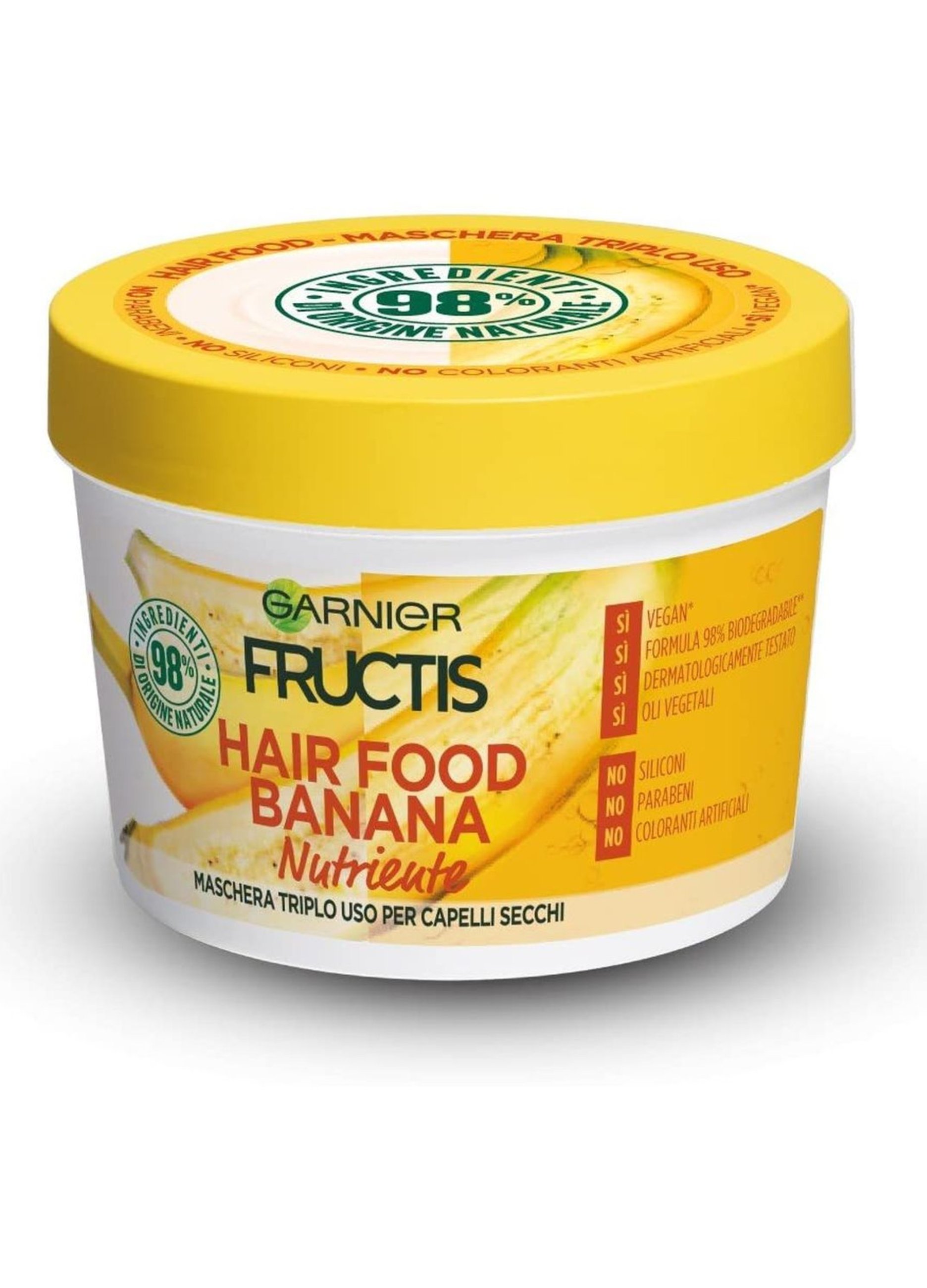 Image of FRUCTIS, Garnier Maschera Nutriente Fructis Hair Food, Maschera Disciplinante 3in1 Con Formula Vegana Per Capelli Secchi, Banana, 390 Ml., Donna, Bianco, Taglia: FASUL