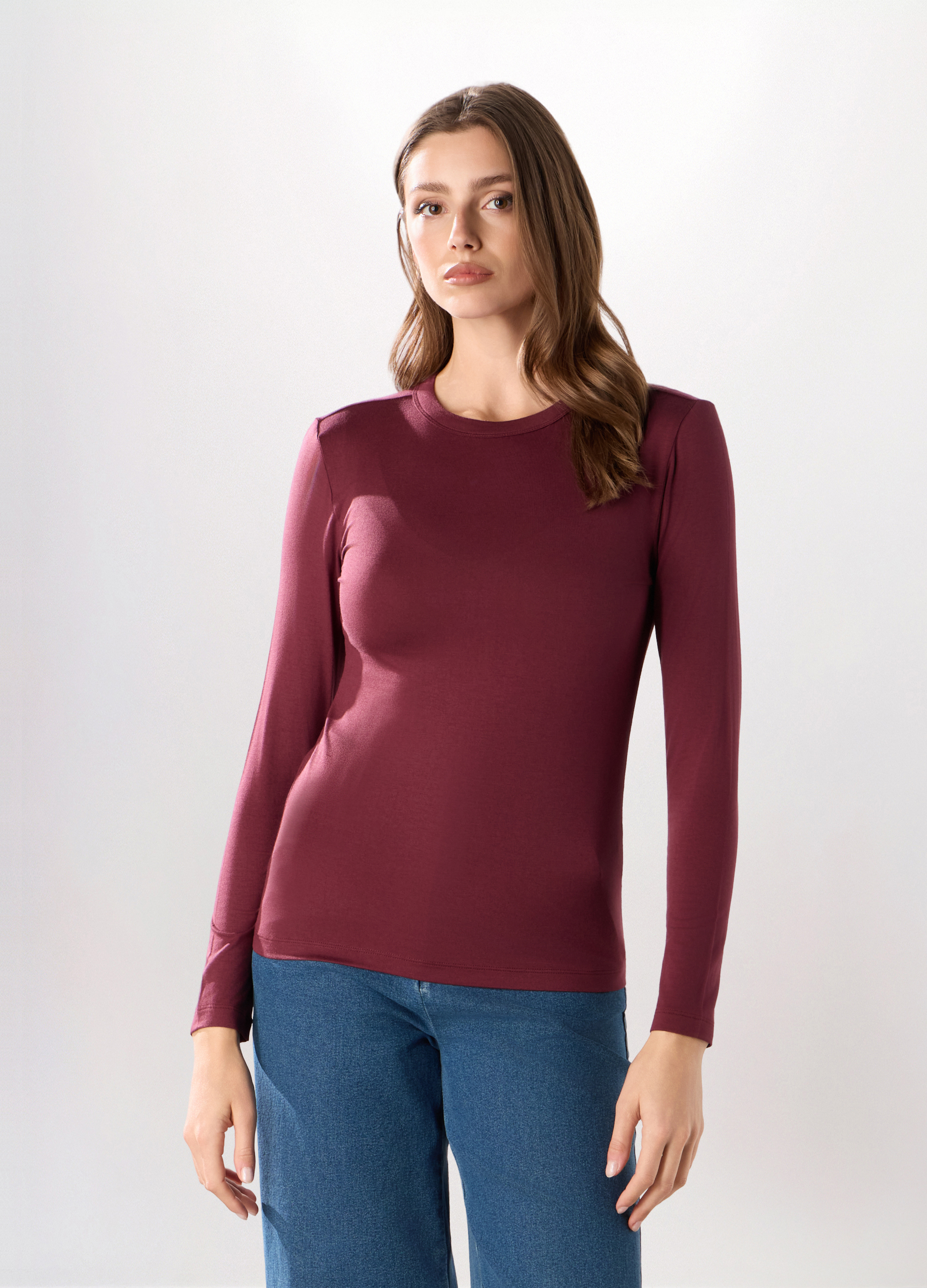 Upim , T-shirt A Maniche Lunghe Tinta Unita Donna, Rosso bordeaux, Taglia: M