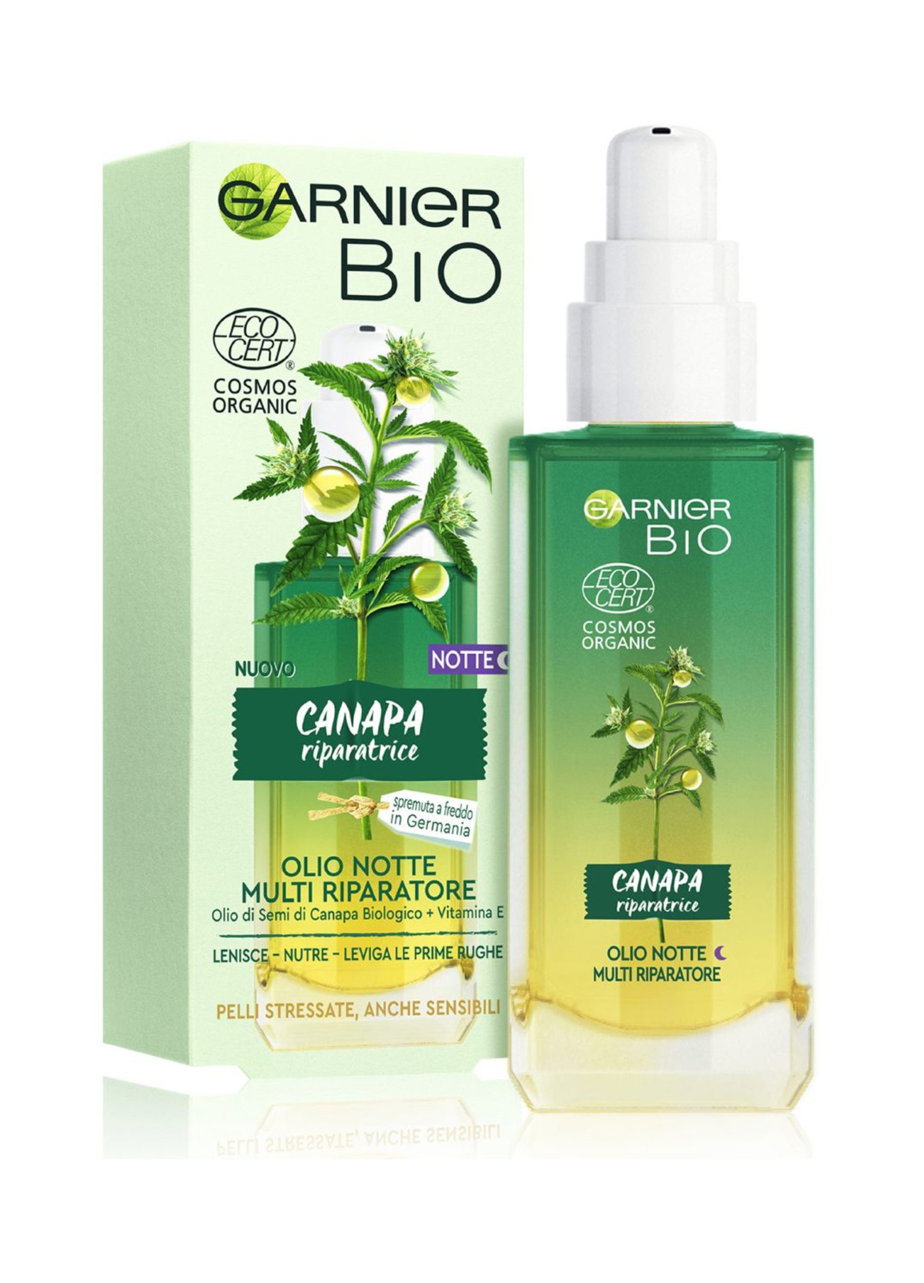 GARNIER, Garnier Olio Viso Notte Bio, Olio Notte Multi Riparatore Con Olio Di Semi Di Canapa Biologico E Vitamina E, Per Pelli Stressate, Anche