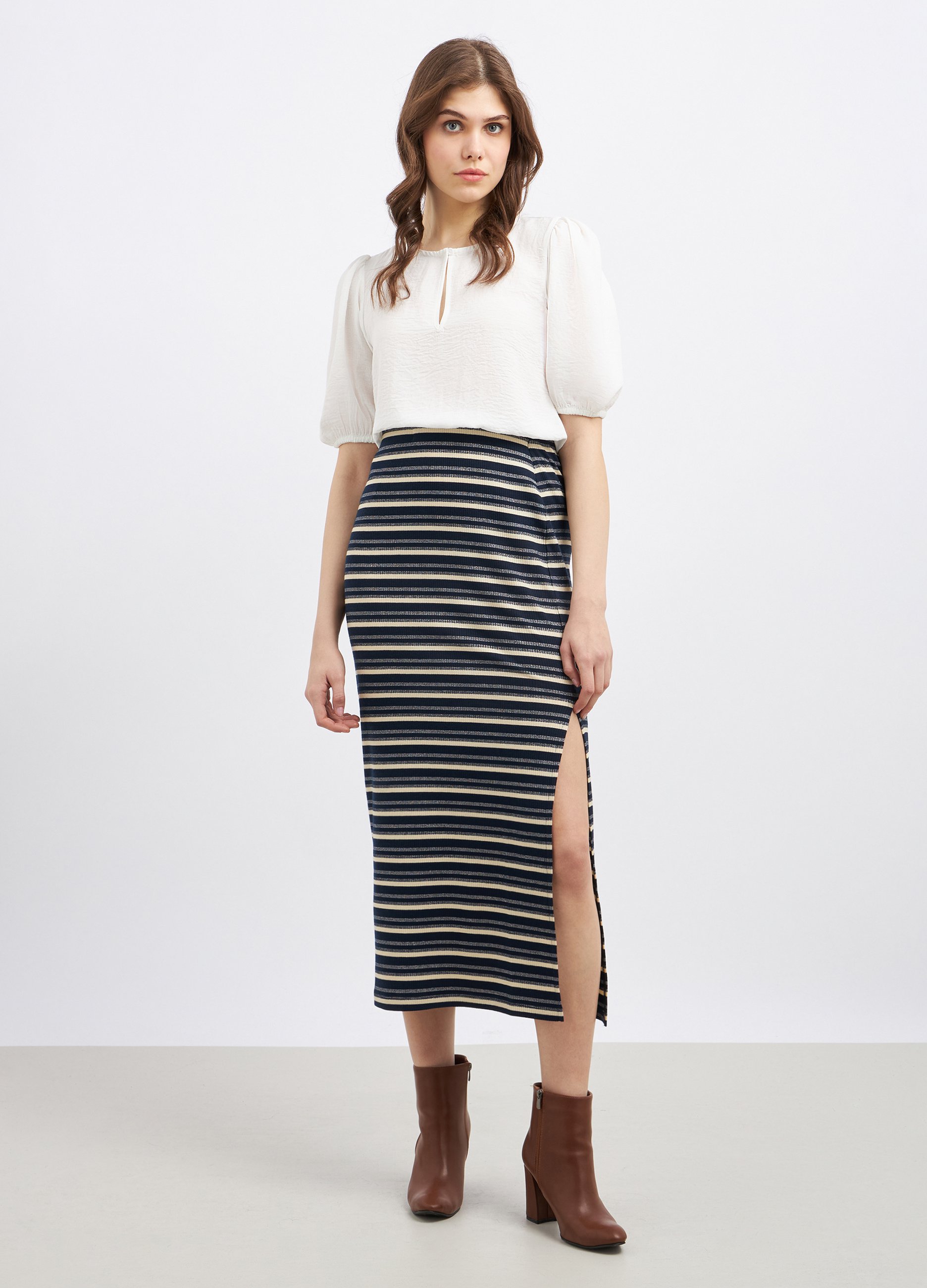 Image of Upim, Longuette Rigata In Misto Viscosa Stretch E Filo Lurex Donna, Blu navy, Taglia: XS