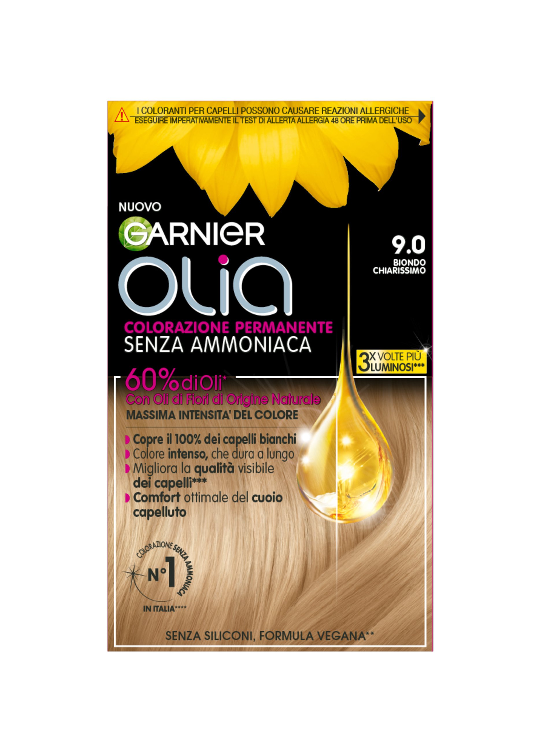 Olia' Donna 9 Biondo Chiarissimo Garnier Tinta Capelli Colorazione Permanente Senza Ammoniaca Per Una Fragranza Delicata, Copre Il 100% Dei Capelli Bianchi, Con Oli Di Fiori Di Origine Naturale, Biondo Chiarissimo (9.0)., Taglia: Fasul - Immagine 1