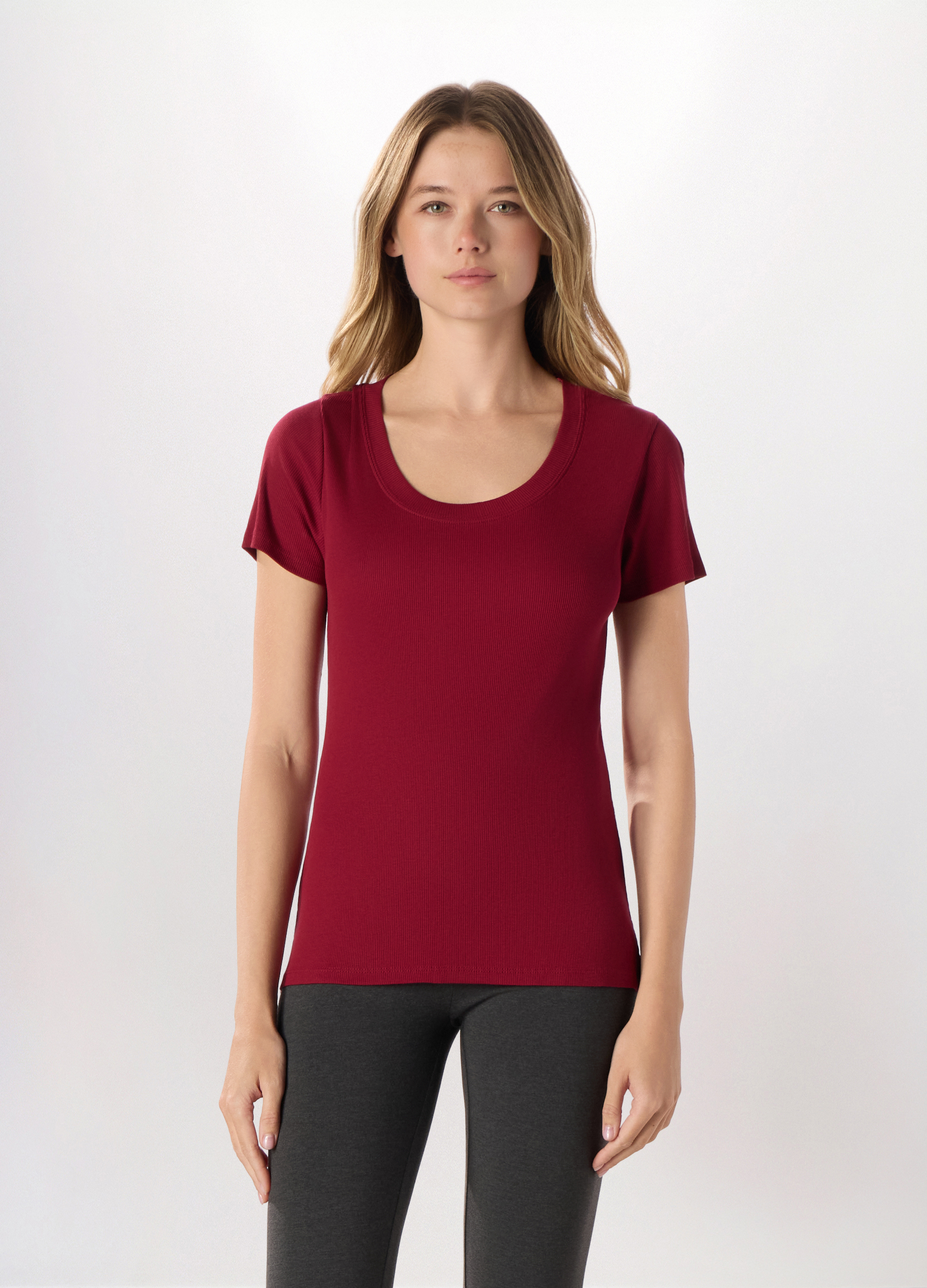 Upim , T-shirt In Costina Di Puro Cotone Donna, Rosso scuro, Taglia: XS