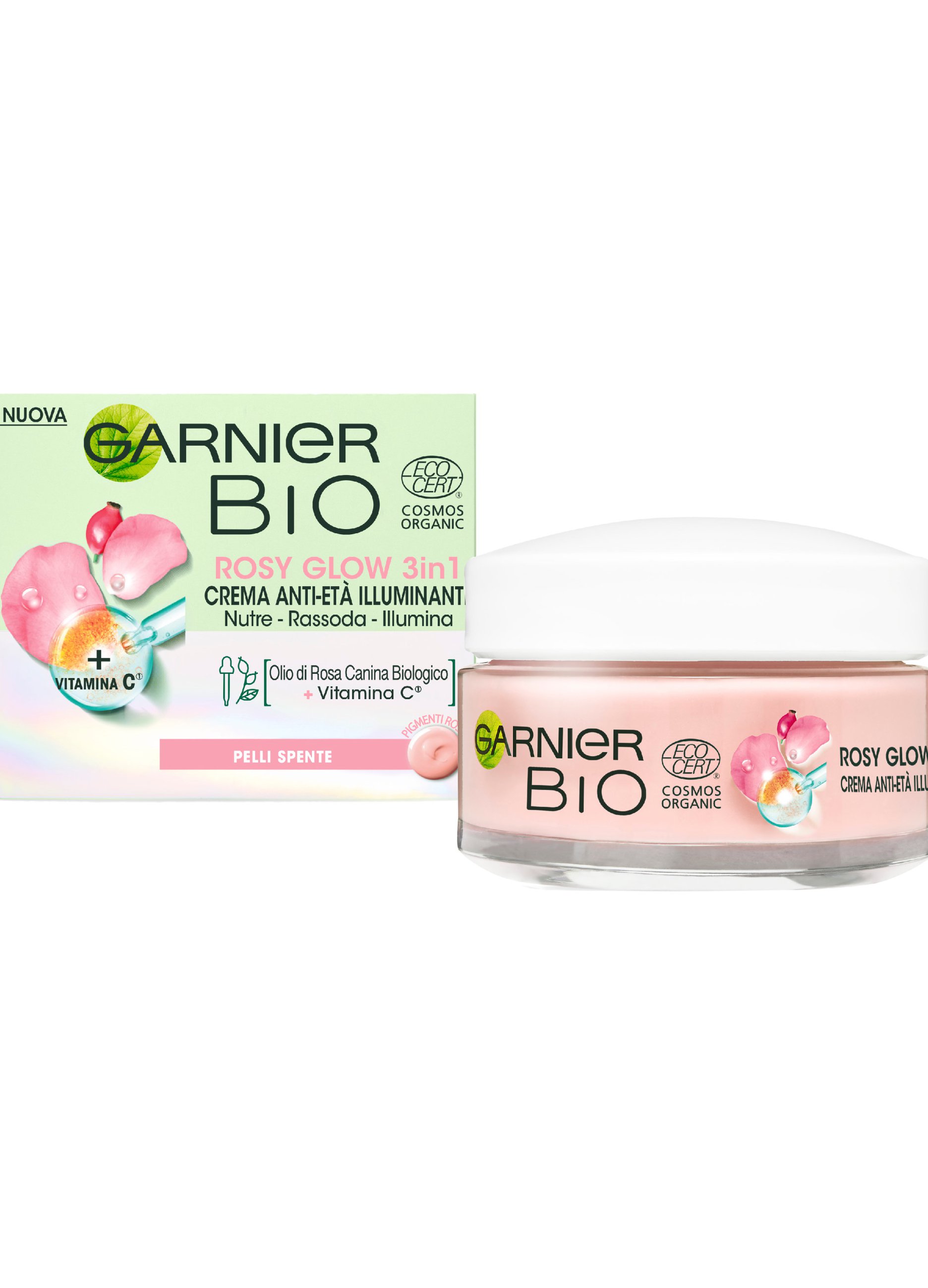 GARNIER, Garnier Bio Rosy Glow, Crema Rosa Idratante 3-in-1, Azione Nutriente, Rassodante E Illuminante, Arricchita Con Olio Di Rosa Canina Bio E