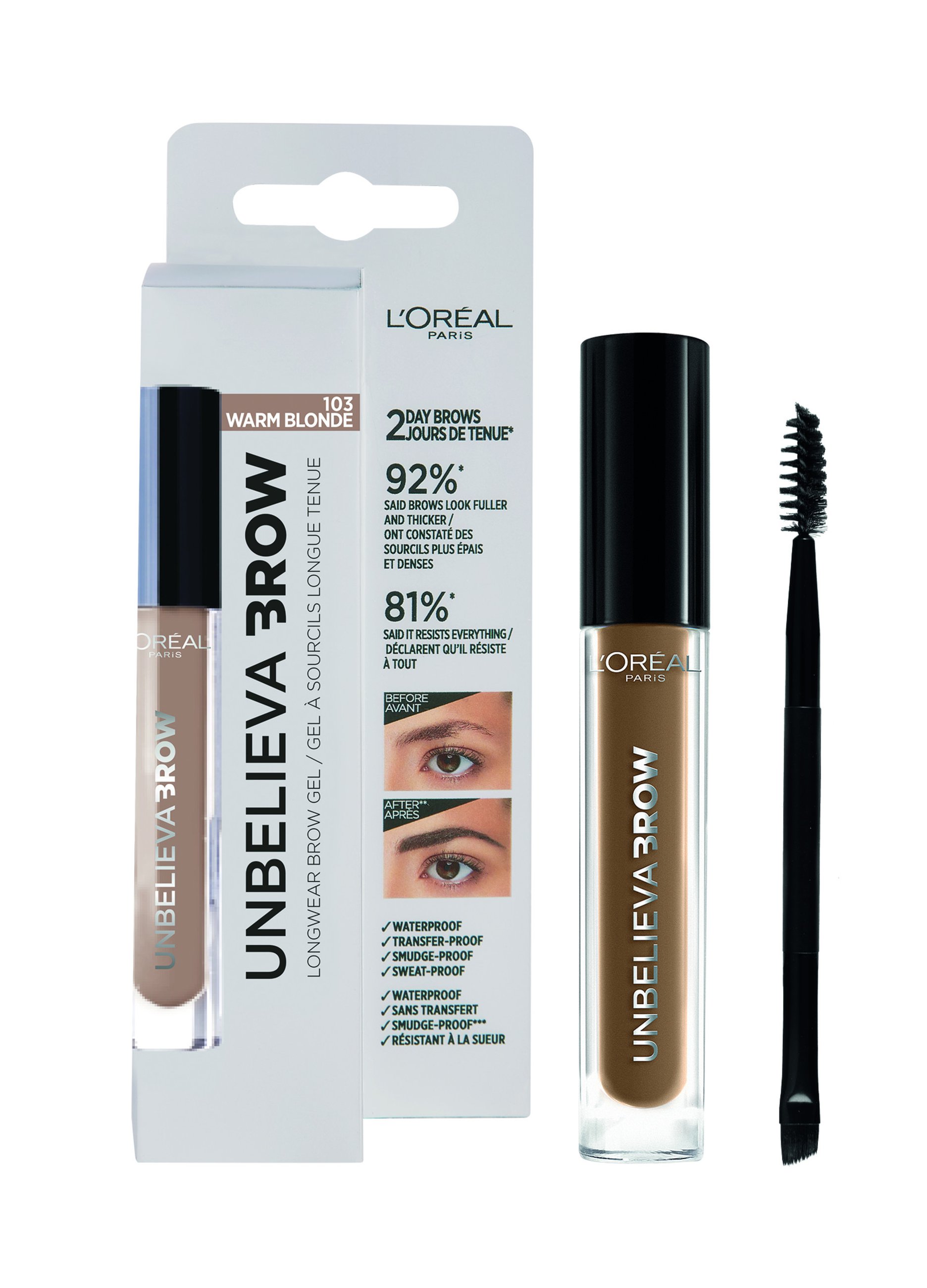 Loreal L'OREAL, L'oréal Paris Unbelievabrow, Gel Per Sopracciglia A Lunga Tenuta Waterproof, Colore: Châtain (104), 3,4 Ml., Donna, Marrone tabacco, T