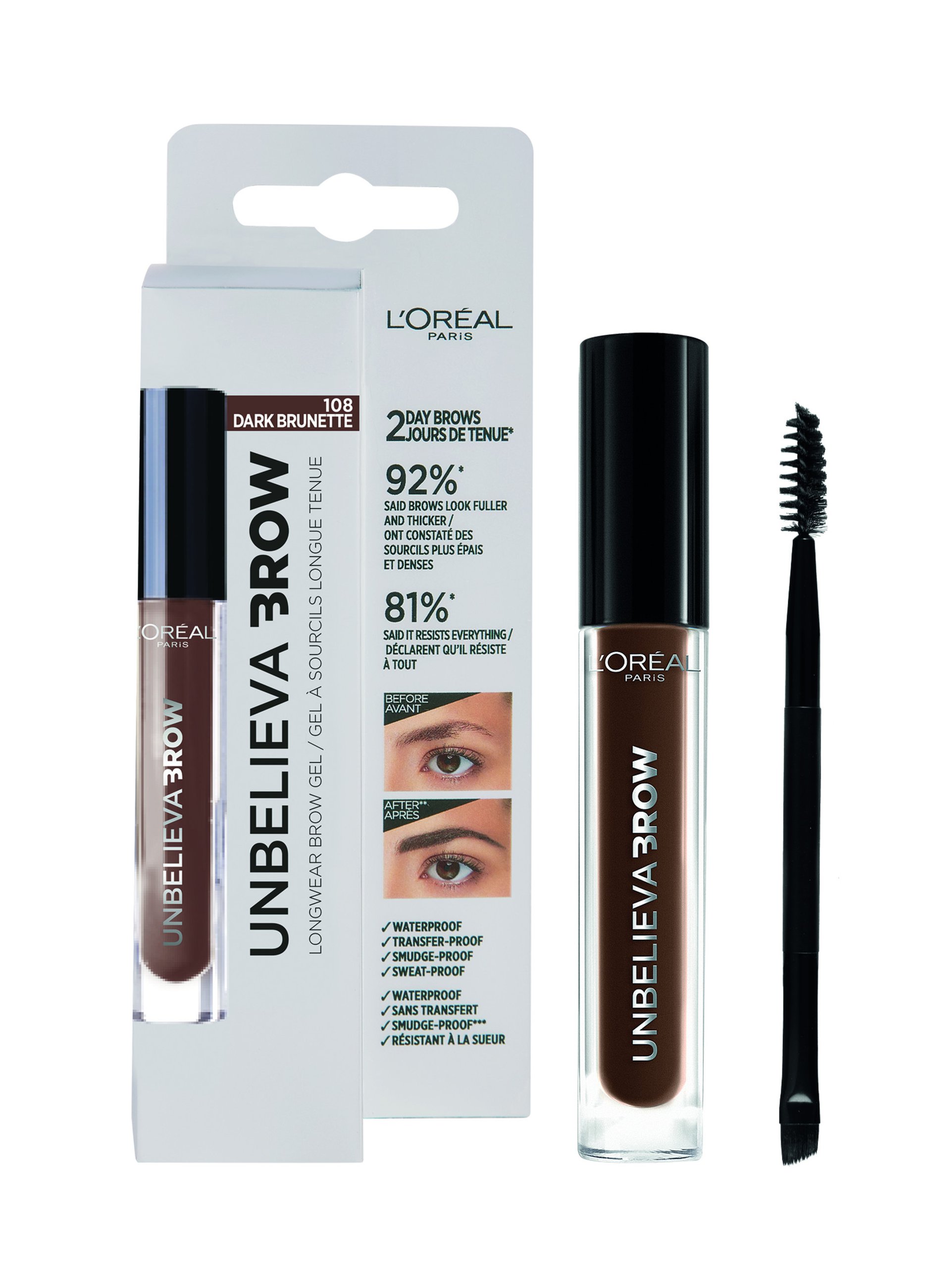 Loreal L'OREAL, L'oréal Paris Unbelievabrow, Gel Per Sopracciglia A Lunga Tenuta Waterproof, Colore: Dark Brunette (108), 3,4 Ml., Donna, Bianco, Tagl