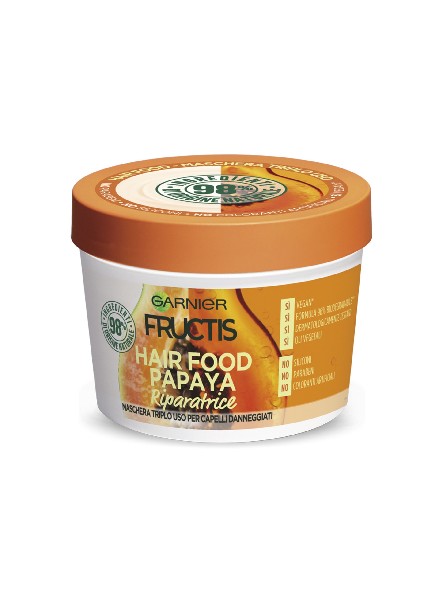 Image of FRUCTIS, Garnier Maschera Riparatrice Fructis Hair Food, Maschera Riparatrice 3in1 Con Formula Vegana Per Capelli Danneggiati, Papaya, 390 Ml., Donna, Bianco, Taglia: FASUL