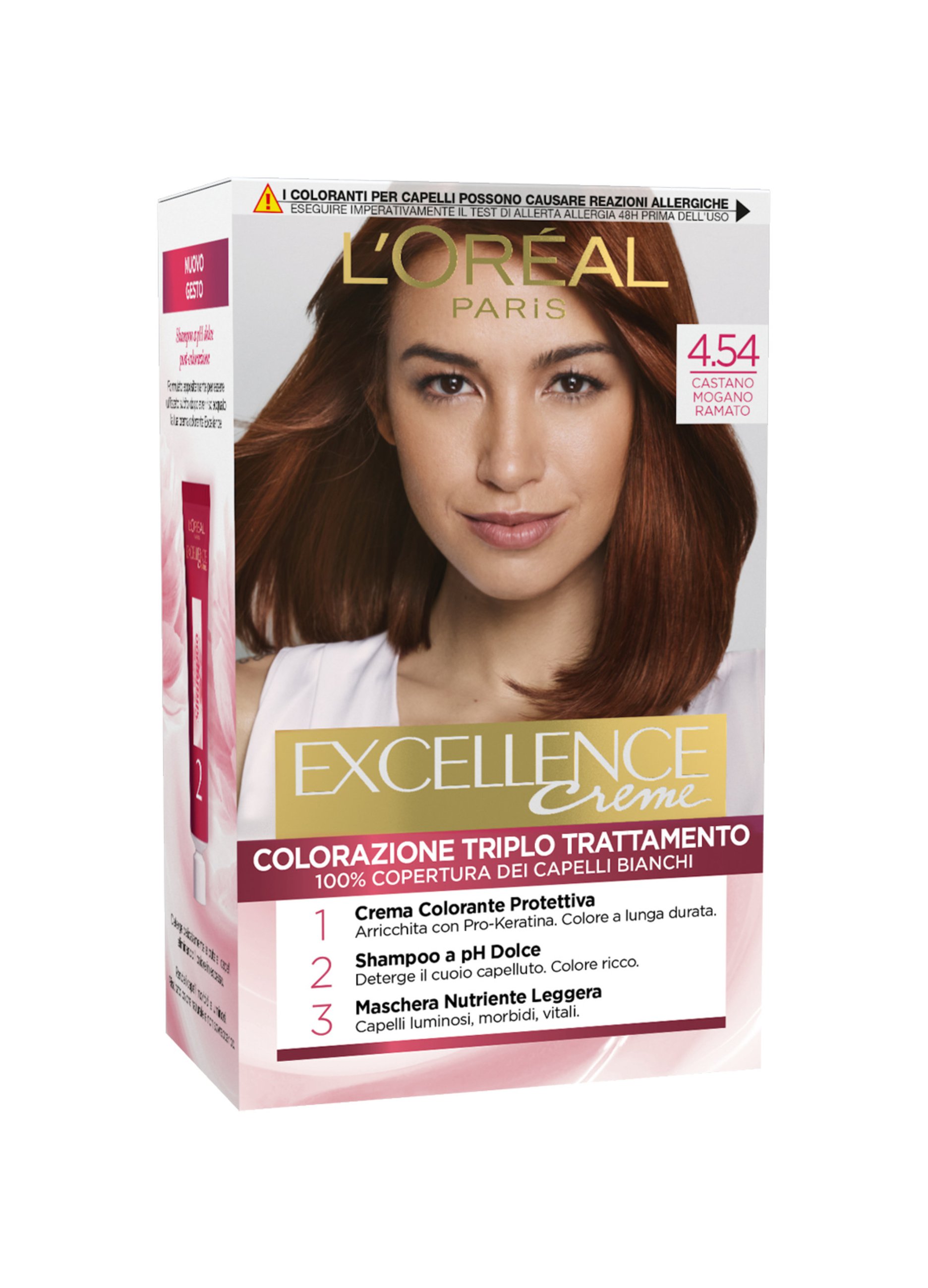 EXCELLENCE , L'oréal Paris Tinta Capelli , Copre I Capelli Bianchi, Colore Ricco, Luminoso E A Lunga Durata, 4.54 Castano Mogano Ramato., Donna, 4.54 
